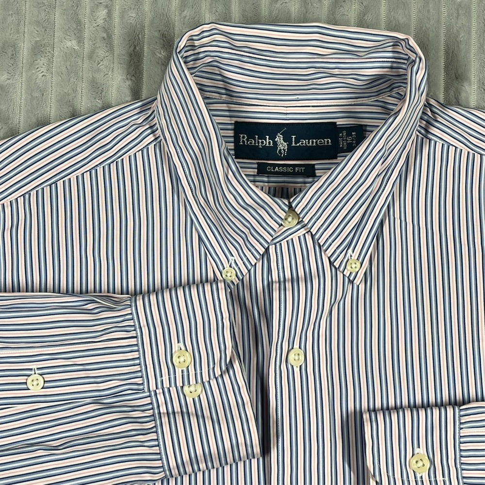 Ralph Lauren Classic Fit Button Down Shirt Men's 16 34/35 Blue Pink Striped Prep